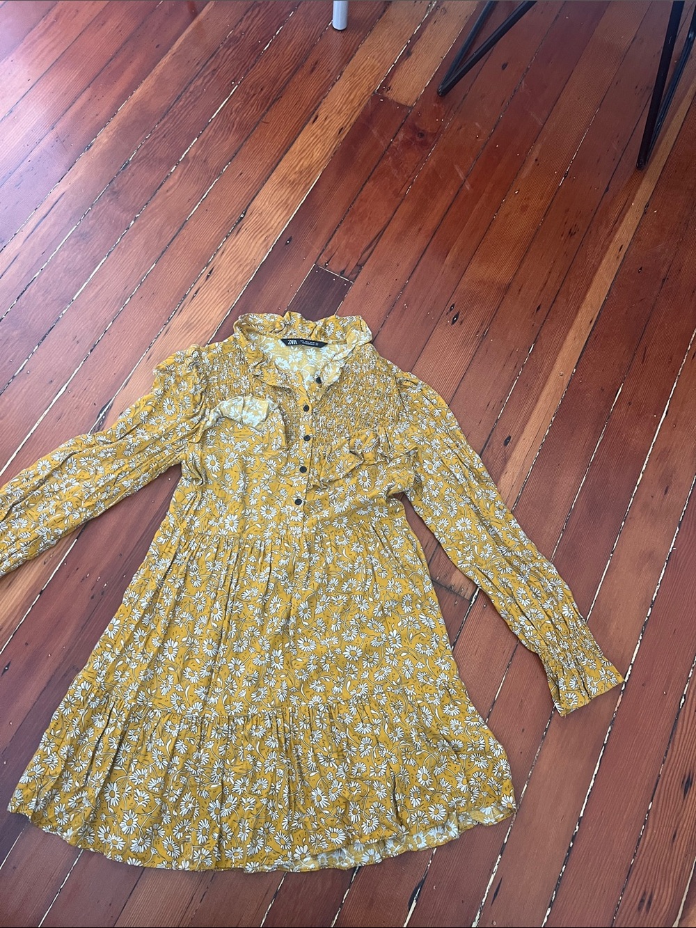 Zara Mustard Yellow Daisy-Print Ruffle Dress